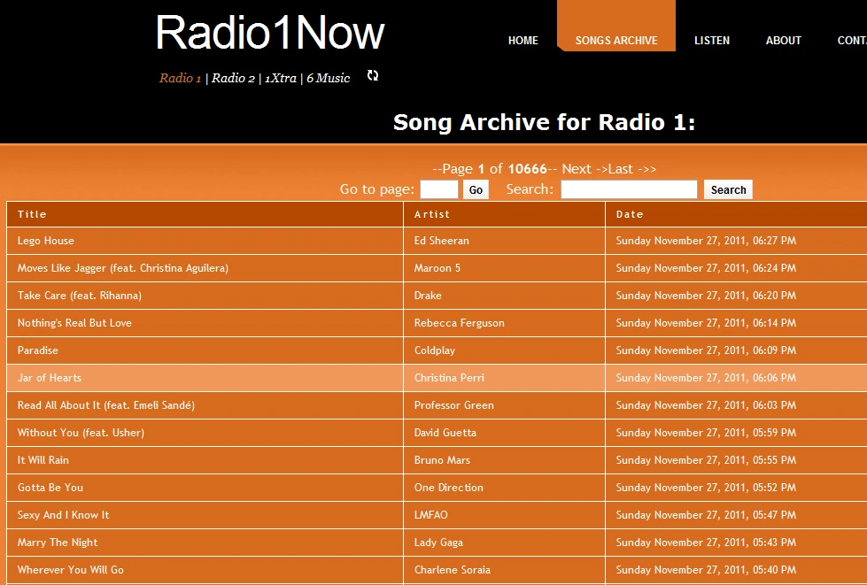 The Radio 1 song archive on Radio 1 Now in 2011, an orange table of titles, artists and play times.
