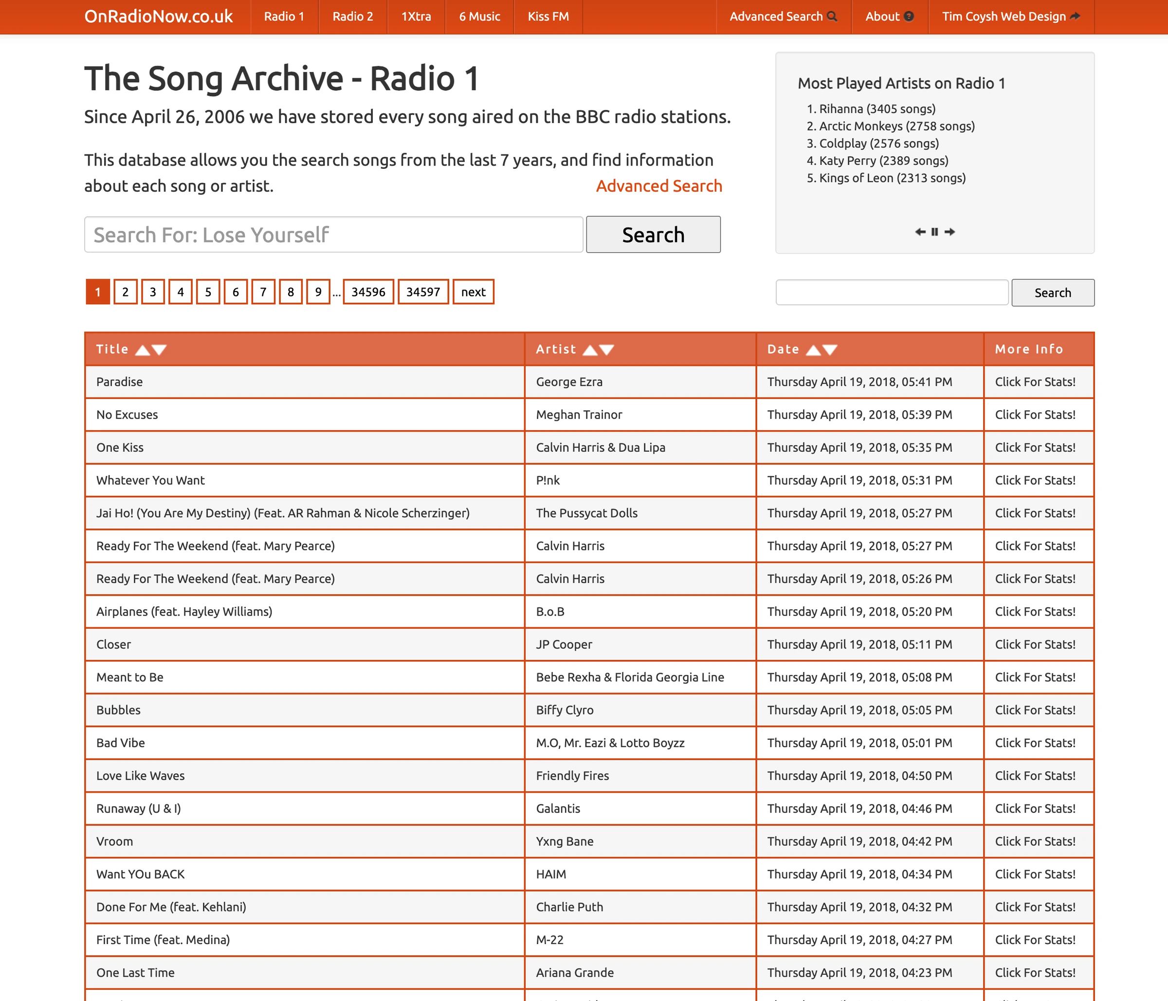 The OnRadioNow Radio 1 song archive in 2018, with a search box and a paginated table of songs.