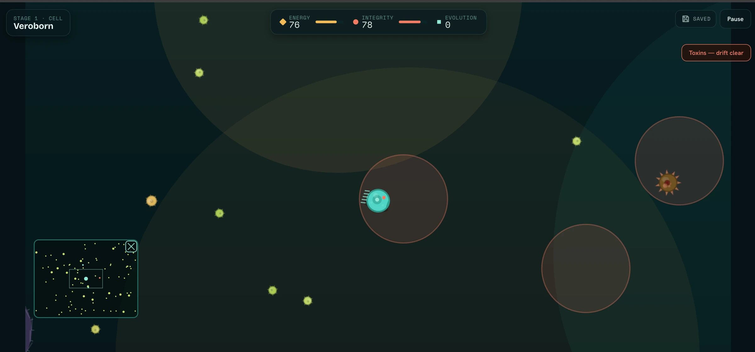 The cell stage. A small teal cell drifts among glowing nutrients, with a spiky predator nearby, energy, integrity and evolution meters across the top and a minimap in the corner.