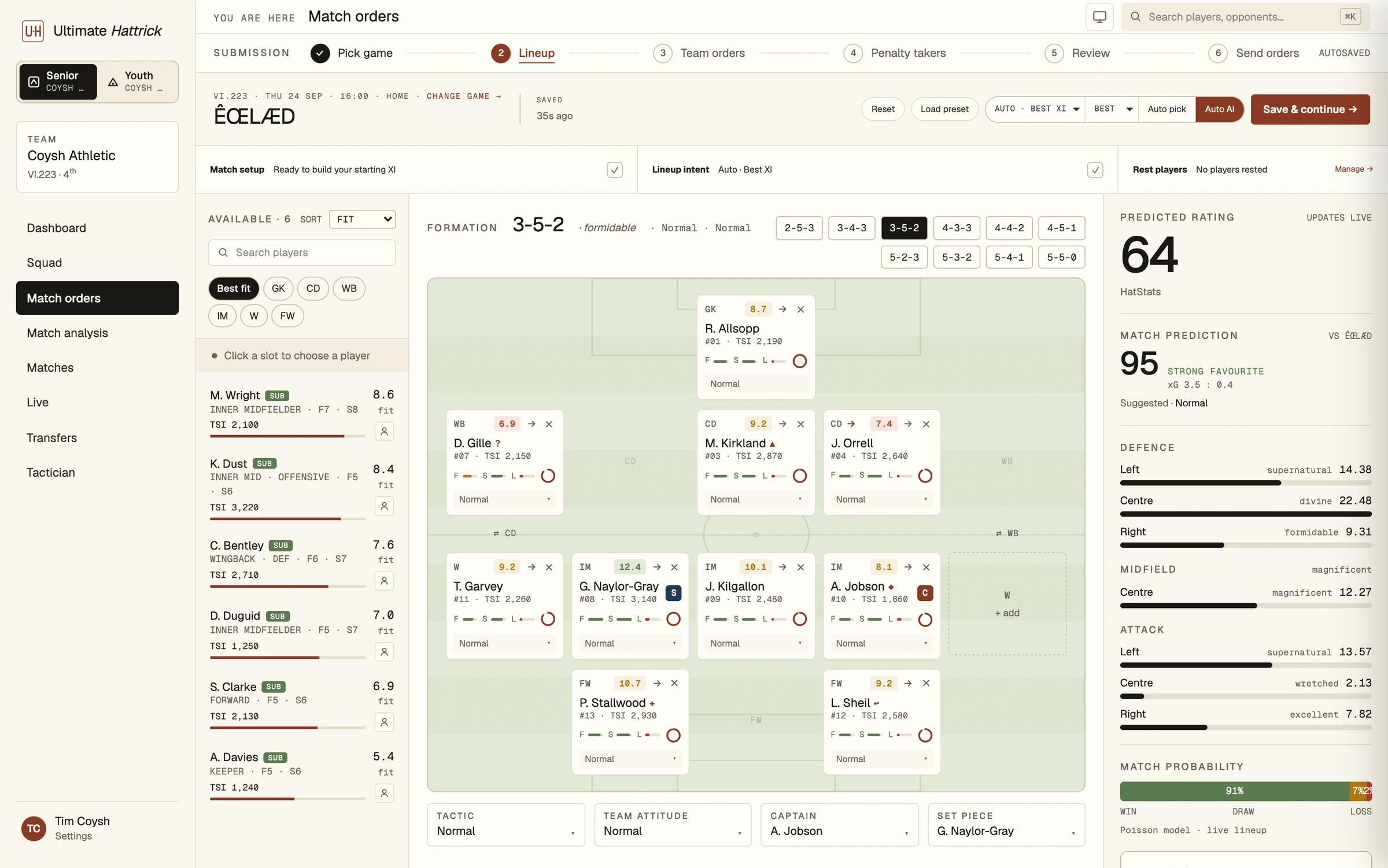 The lineup screen, with players placed on a pitch beside live sector ratings and a win probability.