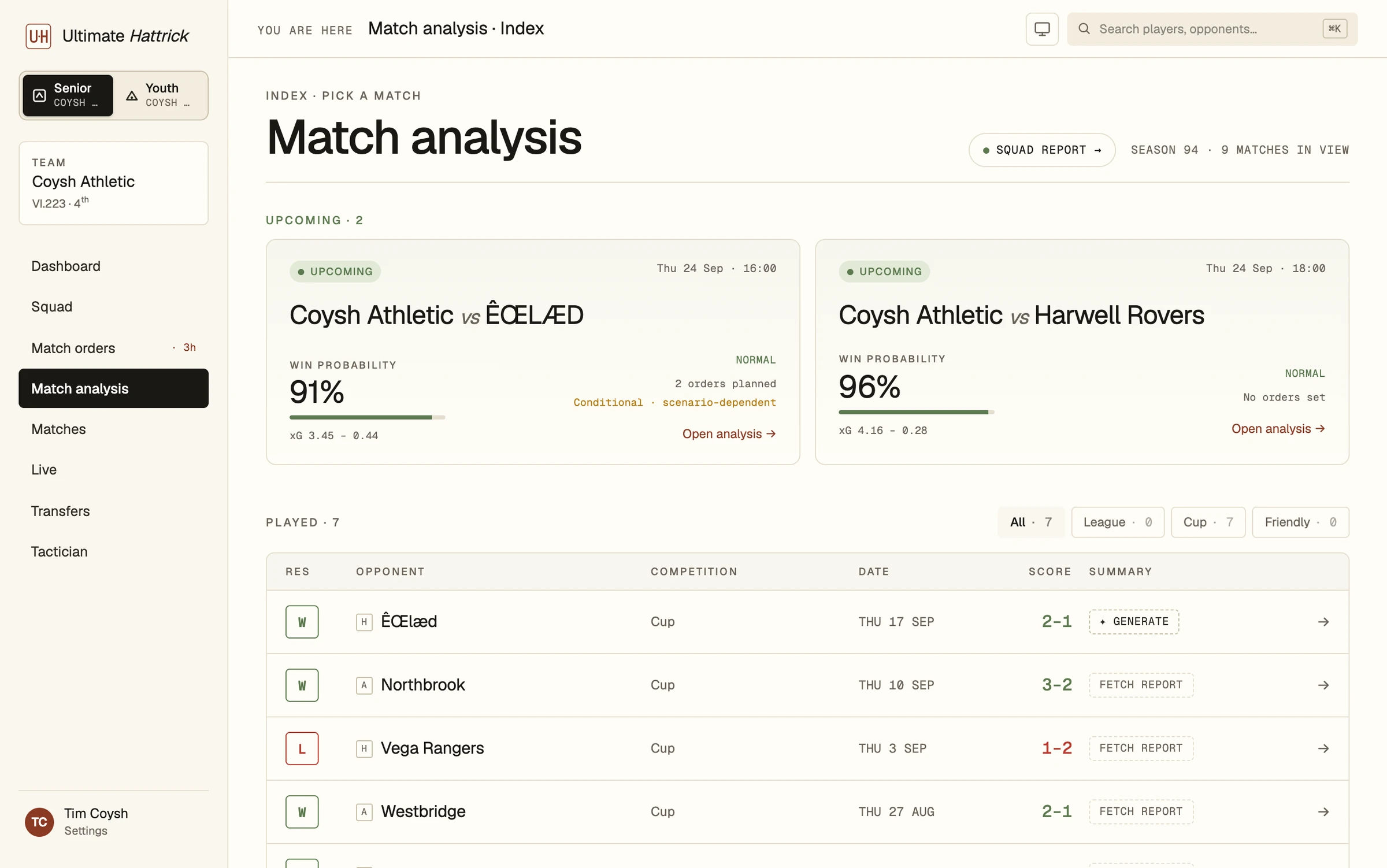 The match analysis index, listing upcoming fixtures with win probabilities and recent results.
