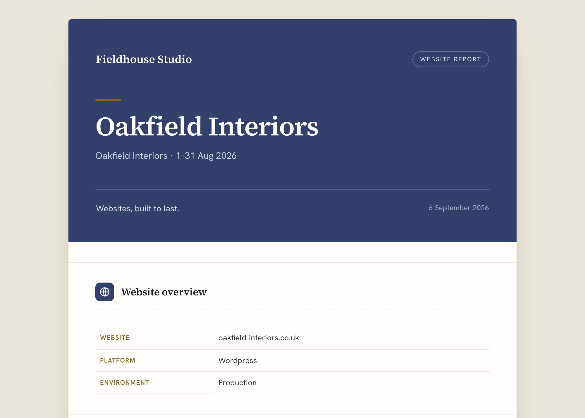 The cover of an example monthly report for a fictional client, with an AI summary of visitors and orders.